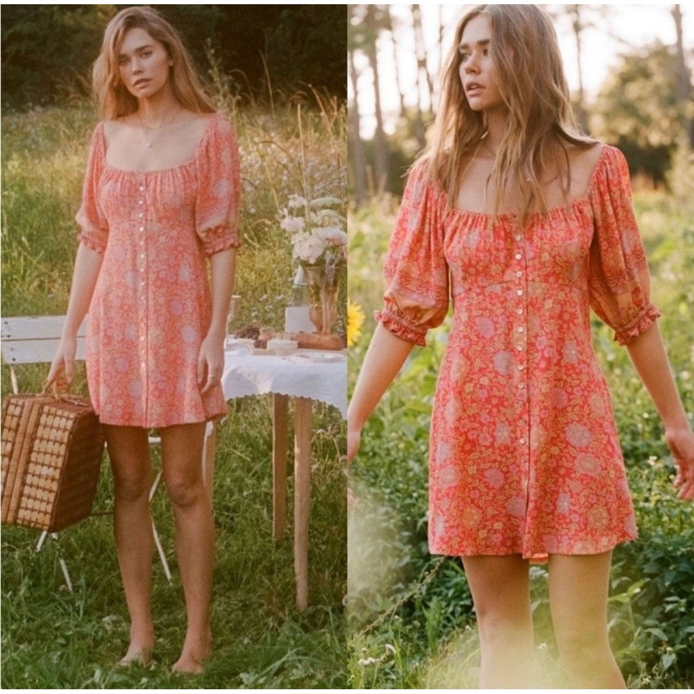 Spell & The Gypsy Collective Romper Women Small Coral Floral Puff Sleeve Boho